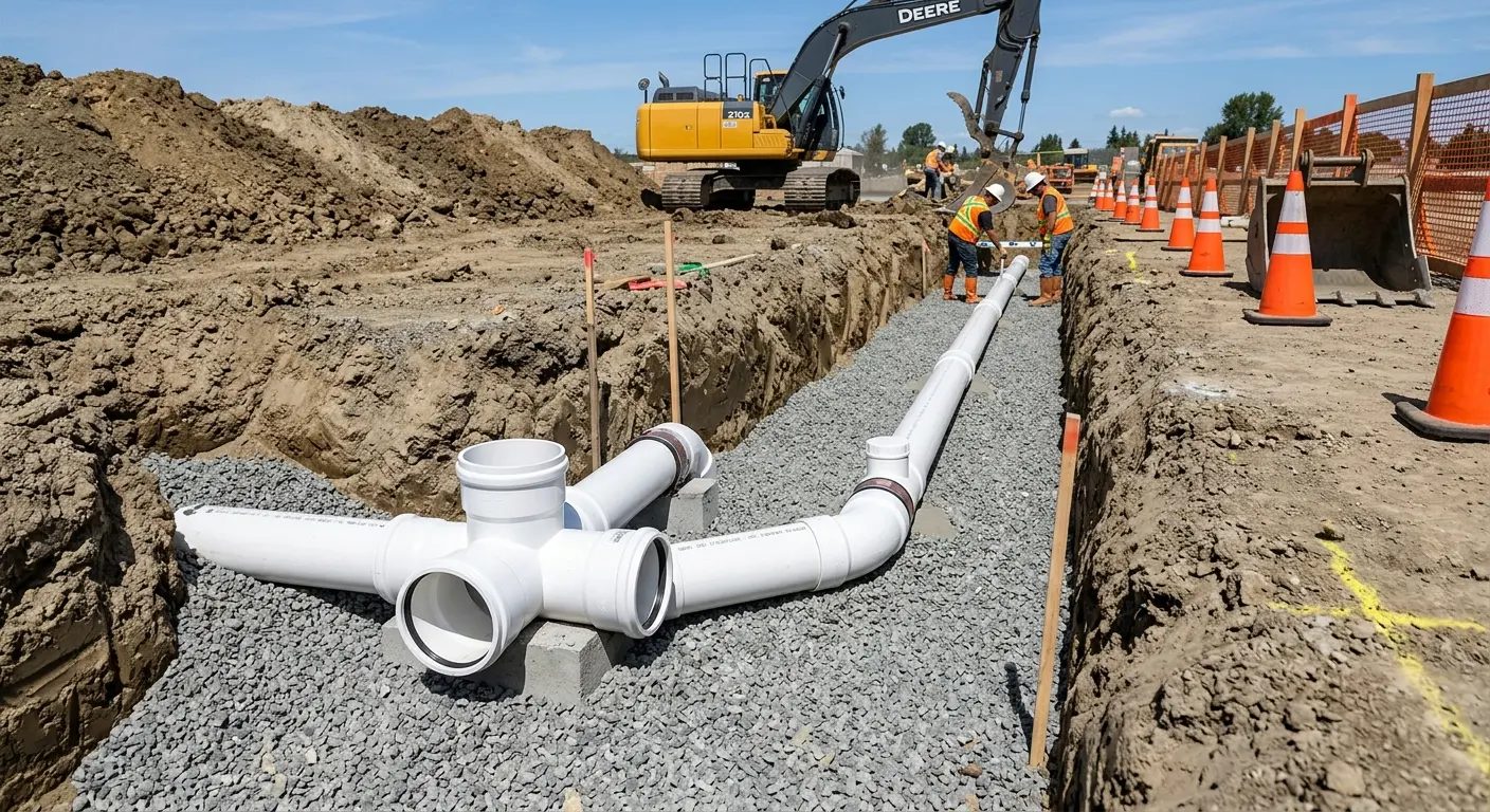 New PVC sewer pipe installation in open trench for Grease Trap Cleaning in Schofield Barracks