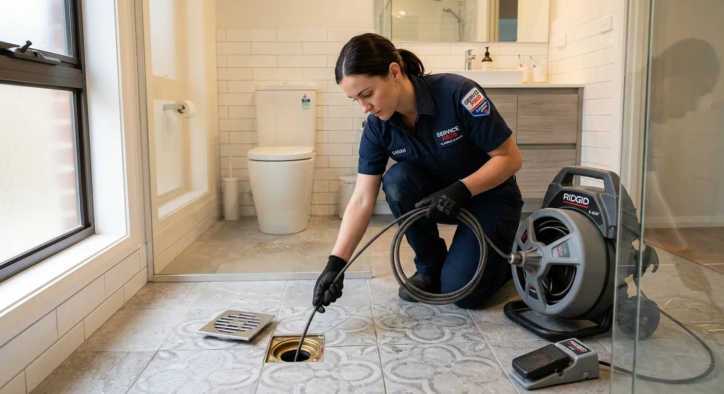 Technician clearing a bathroom floor drain for Drain Cleaning in Schofield Barracks